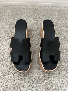 Hermes Black Leather Cork Platform Slide Mules